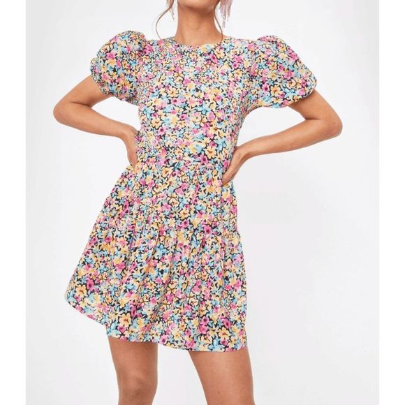 Nasty Girl Petite Floral Puff Sleeve Skater Dress Multicolored Size 4, MSRP $50 - Picture 1 of 8